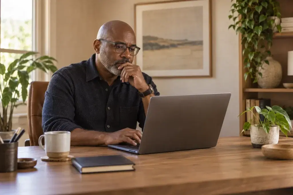 A therapist at a desk in a small office, reviewing his practice website on a laptop