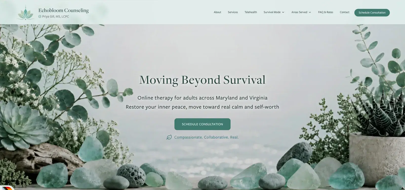 Echobloom Counseling’s homepage, built by Grow My Therapy: soft green botanicals, the headline Moving Beyond Survival, and a Schedule Consultation button.