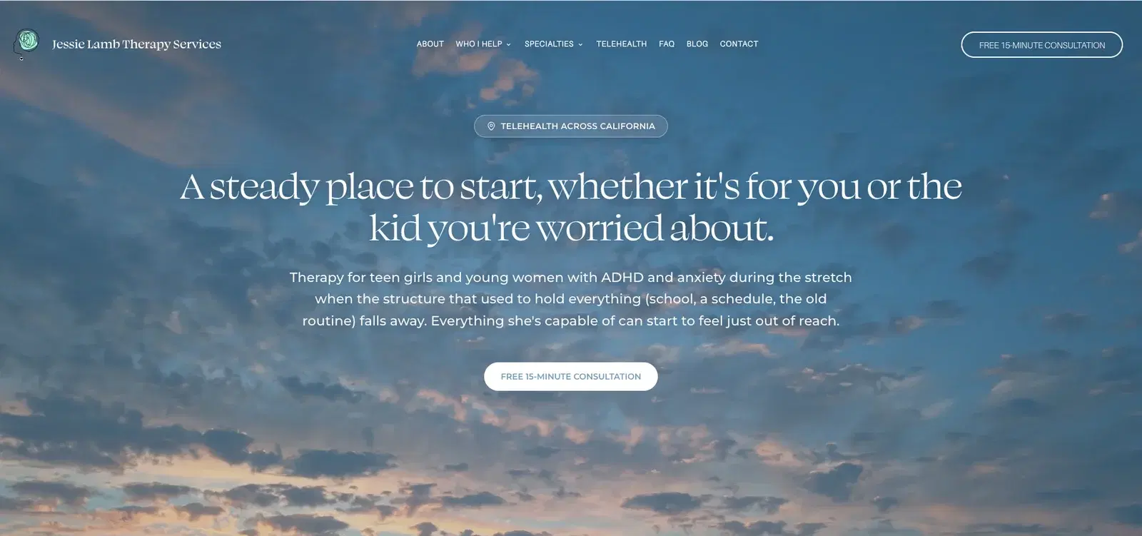 Jessie Lamb Therapy’s homepage with an open blue sky, spacious typography and a clear consultation button.