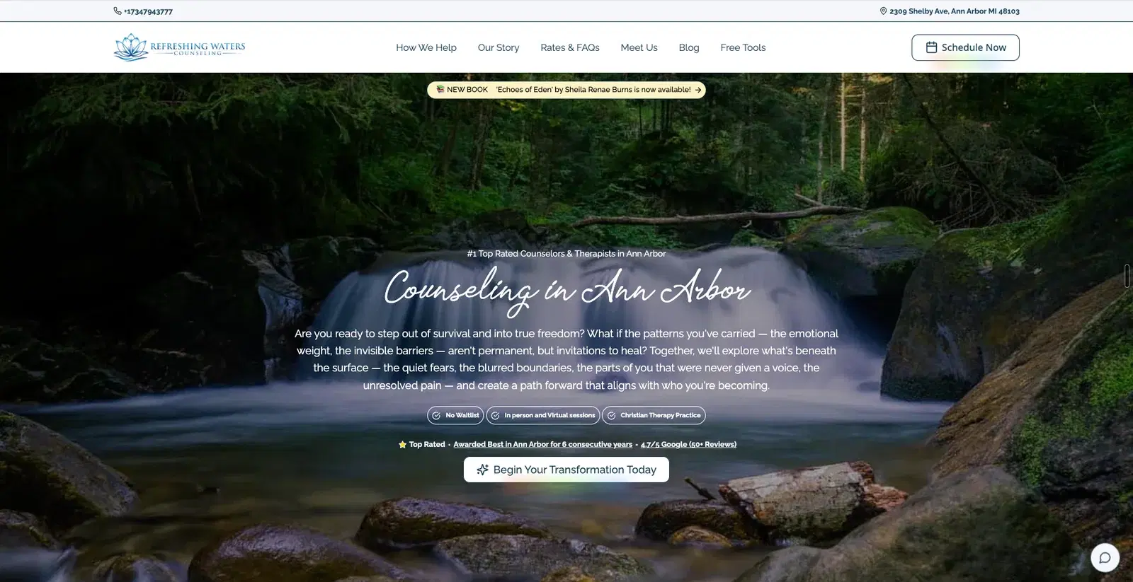 Refreshing Waters Counseling’s homepage, built by Grow My Therapy, with a forest waterfall and flowing script.